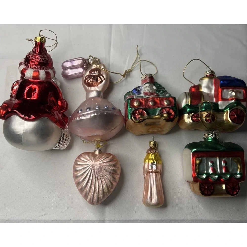 Lot 7 Shatterproof Plastic Christmas Ornaments Train Snowman Pink Retro Style